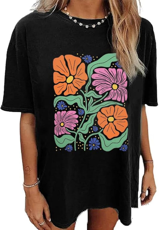 Oversized Graphic T-Shirt for Women Vintage Floral Shirt Rock Band Music Guitar Tee Casual Holiday Cute Plant Tops