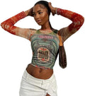 Women Long Sleeve Graphic Mesh See Streetwear T Shirts Tops Coquette Clothes Aesthetic Shirts Y2k Grunge Clothes