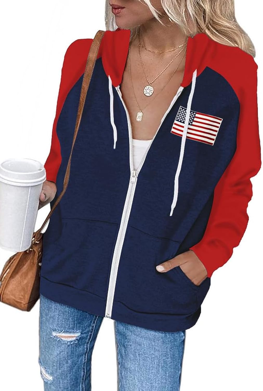 Womens Zip Up Hoodie Oversized Usa Sweatshirt Pattern Long Sleeve American Flag Jacket Casual Patriotic Hoodies