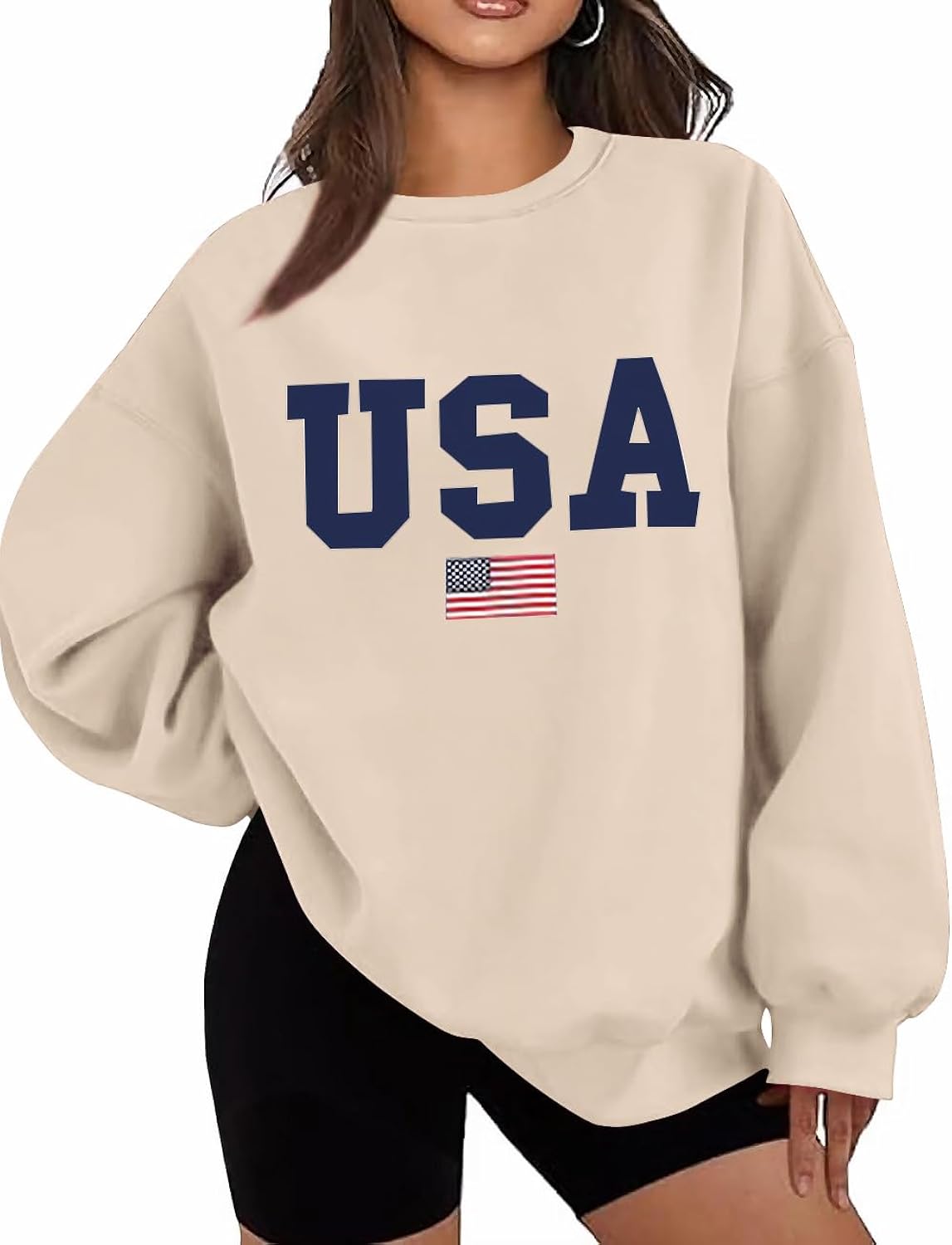 Womens Oversized USA Sweatshirt Crewneck American Flag Sweater Long Sleeve Loose Fleece Top 4th of July Outfit