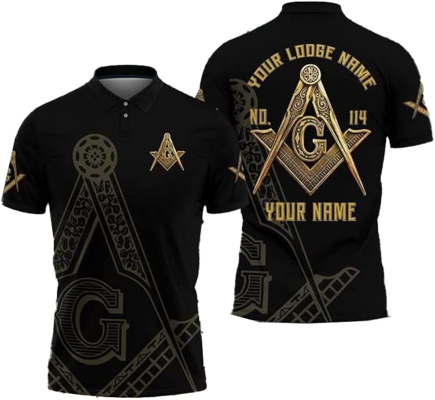 Freemason Black Gold Personalized Custom Short Sleeve Polo Shirt for Men - Customize Name, Lodge Name and Number - Freemasonry 3D All Over Print