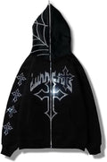 Rhinestone Hoodie Men Women Letter Graphic Gothic Hoodie Print Sweatshirt Full Zip Up Oversized Jacket