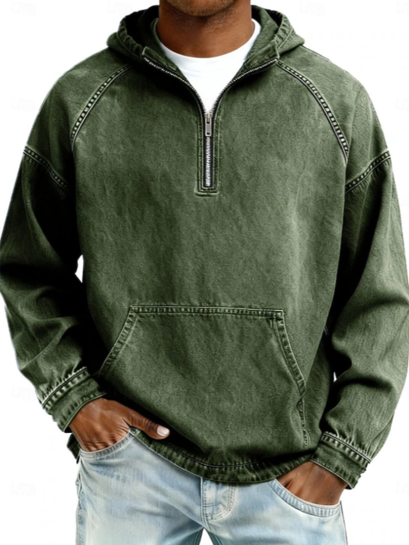 Men's Half-Zip Denim Hooded Pullover Sweater, Casual Street Style Loose Fit, Suitable for Boyfriends and Fathers