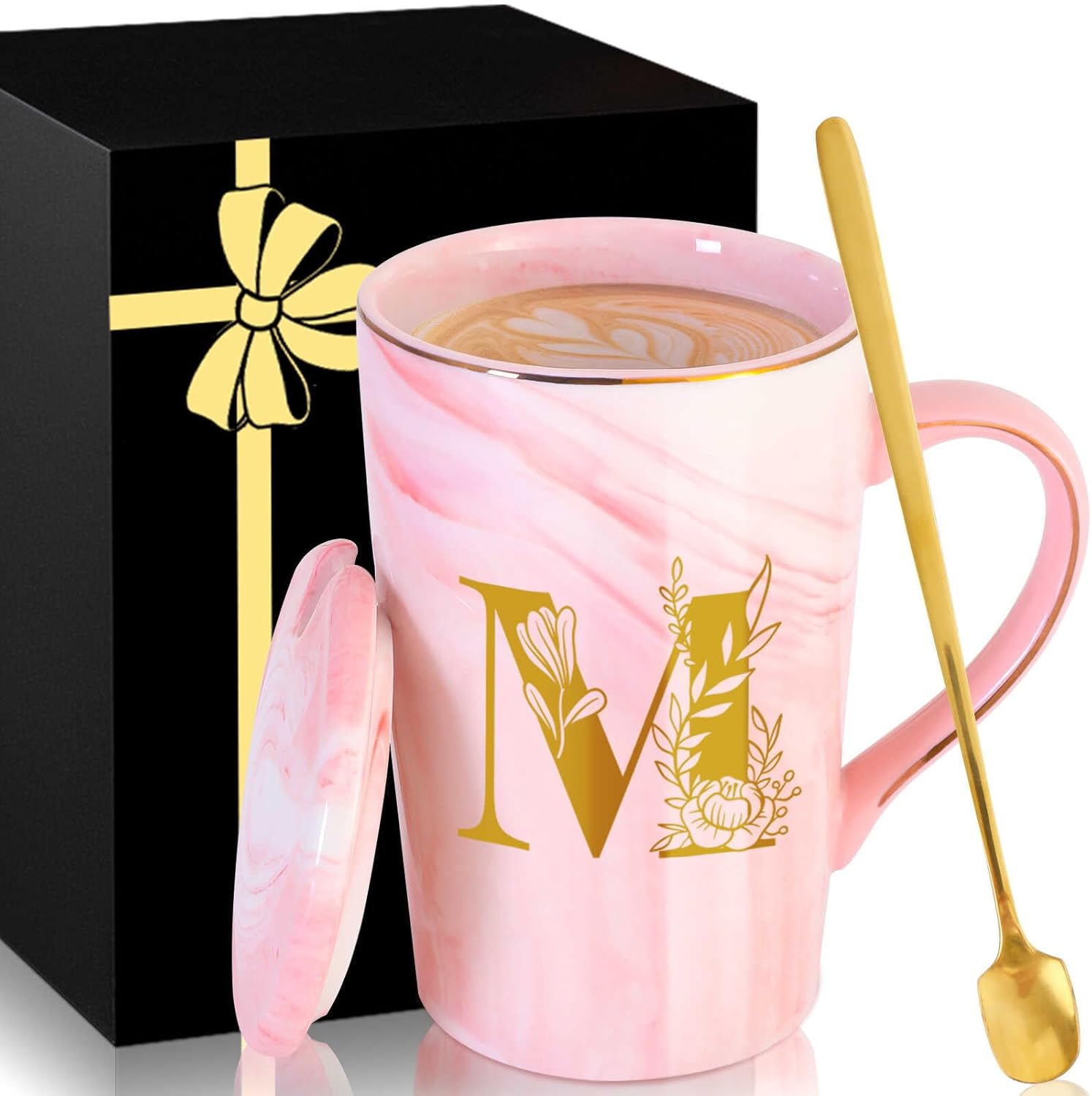 MNZZ Personalized Ceramic Coffee Mug with Lid, 14 Oz, Pink, Letter M, Luxurious, Chic, Formal, Heat Resistant, Dishwasher & Microwave Safe for Her