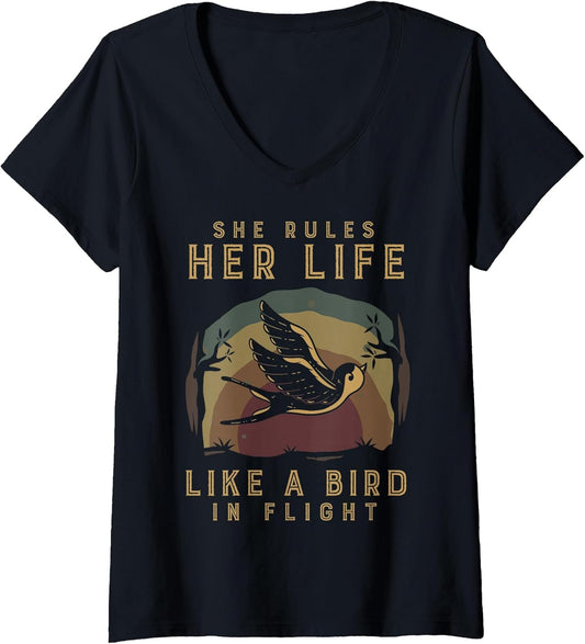 Womens Motivational Quote She Rules Her Life Like A Bird in Flight V-Neck T-Shirt