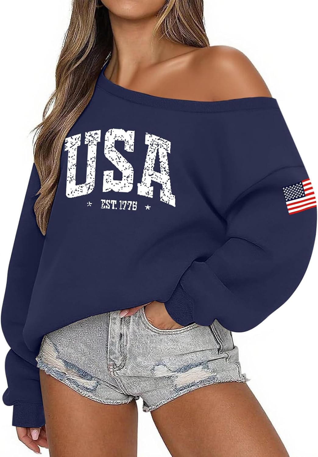 USA Sweatshirt for Women Oversized Fleece Off the Shoulder Sweater Soft Long Sleeve Hoodie 4th of July Outfits