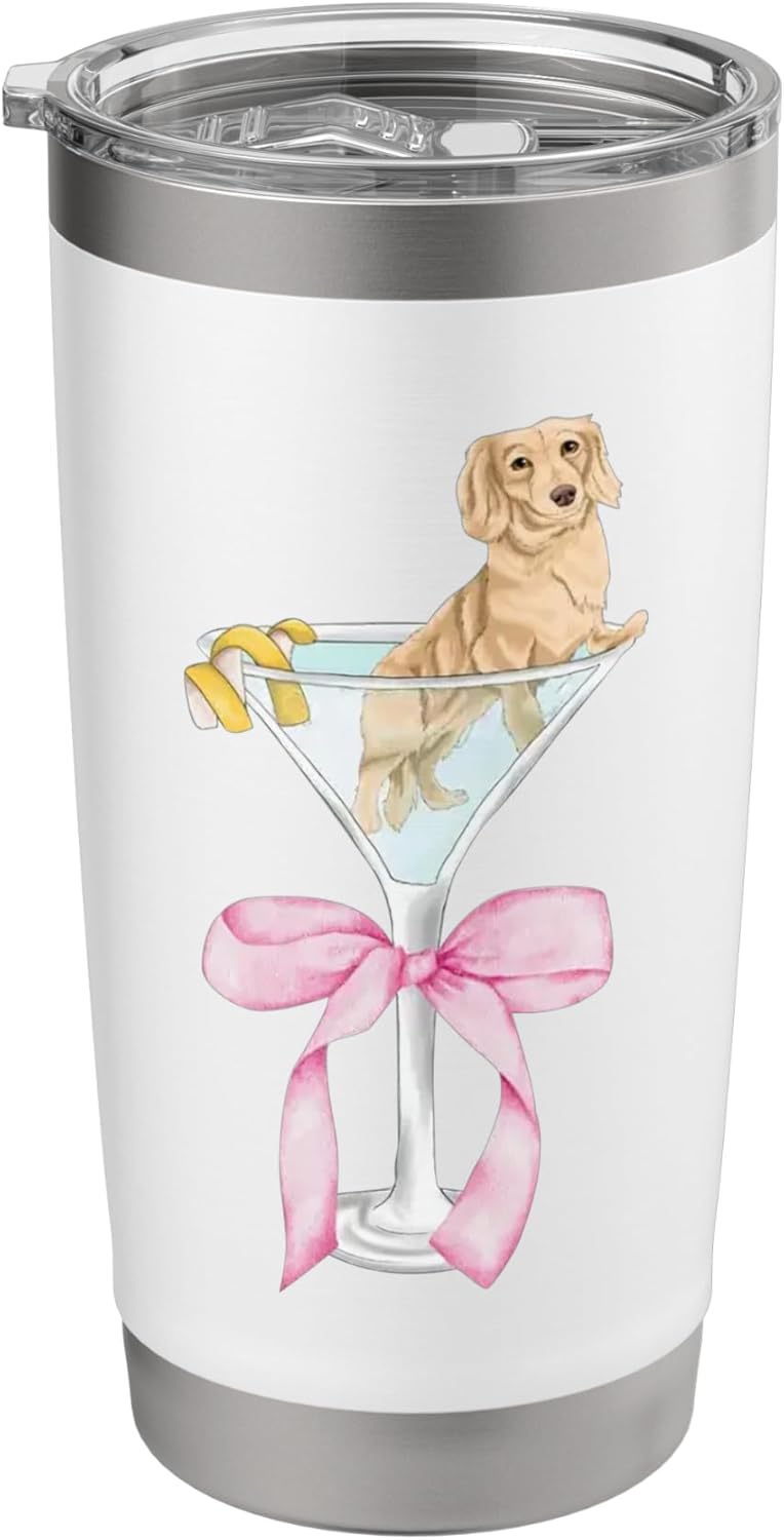 Funny Dachshund Dog With Martini Glass Coquette Pink Bow Stainless Steel Insulated Tumbler