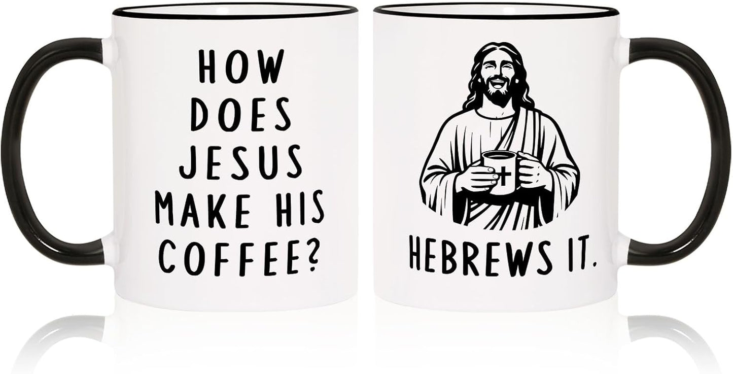 Shqiueos Funny Christian Gifts for Women Men – Jesus He Brews It Coffee Mug 11oz, Religious Humor Gift, Christmas Birthday Present for Friends Coworkers Bible Verse Faith Cup, Pastor Appreciation Gift