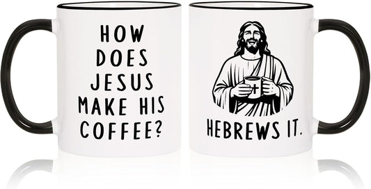 Shqiueos Funny Christian Gifts for Women Men – Jesus He Brews It Coffee Mug 11oz, Religious Humor Gift, Christmas Birthday Present for Friends Coworkers Bible Verse Faith Cup, Pastor Appreciation Gift