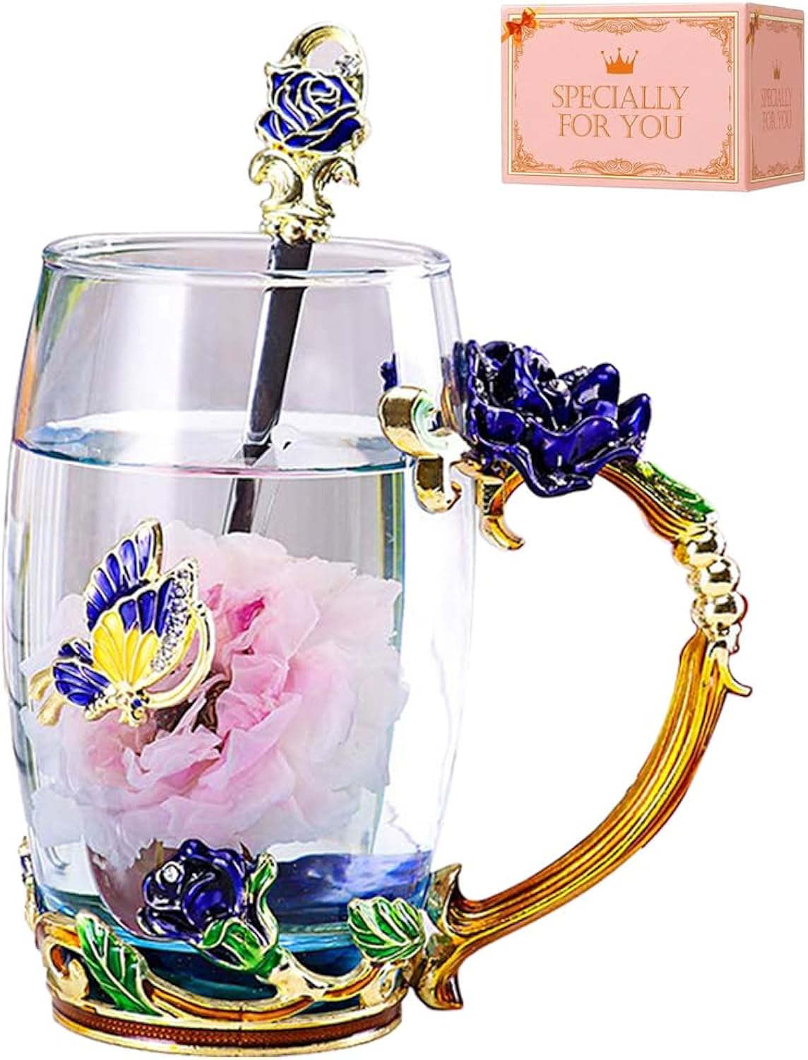 Enamel Glass Tea Cup Blue Rose Coffee Mug,Personalized Gifts for Birthday Mothers Day Anniversary Christmas For Mom,Women,Wife,Coworker,Friend,Female,Sister,Girlfriend,Grandma