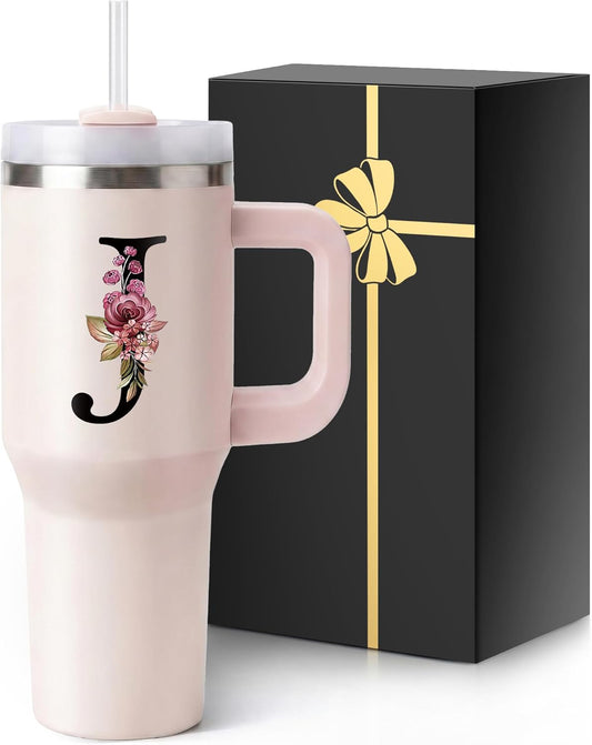 Initial 40 Oz Initial Insulated Coffee Cup with Lid Car Tumbler Travel Mug Girlfriend Gf Future Mrs Her Women Year Anniversary Christmas Xmas Cute Romantic Valentines I Love You More First Gifts J