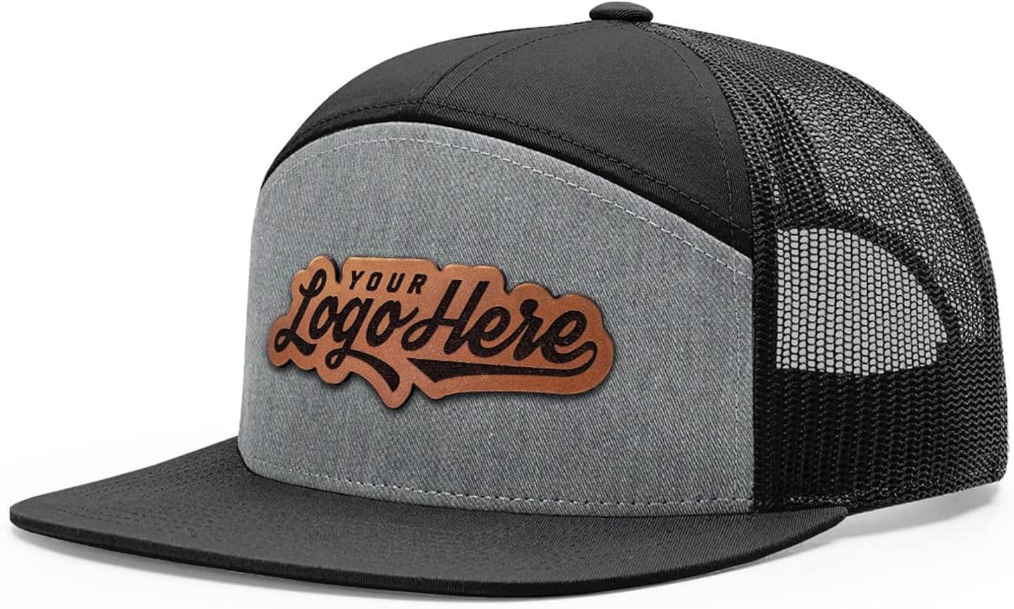 Custom Leather Patch Hat Flat Bill 7 Panel Trucker Laser Engraved