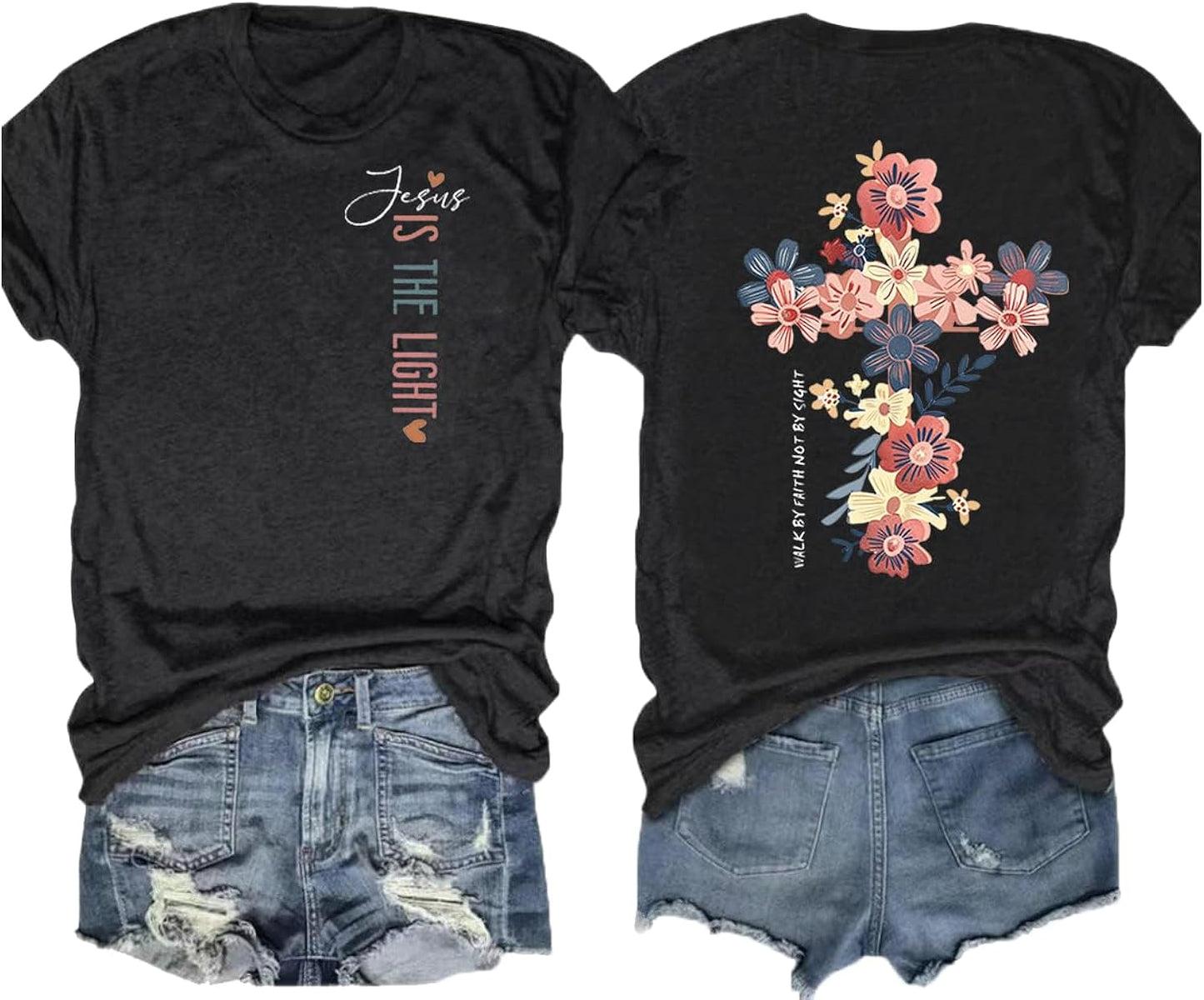 Christian Bible Verse Graphic T Shirts Women Jesus is The Light Print Tees Religious Gift Inspirational Casual Tee Tops
