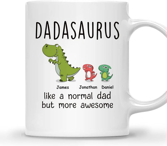Gossby Personalized DADASAURUS Coffee Mug for Dad - Custom Gift for Dad from Kid, Daughter, Son, Wife with Names - Funny Fathers Day, Christmas, Birthday Gift for Grandpa, Husband - 2 Kids
