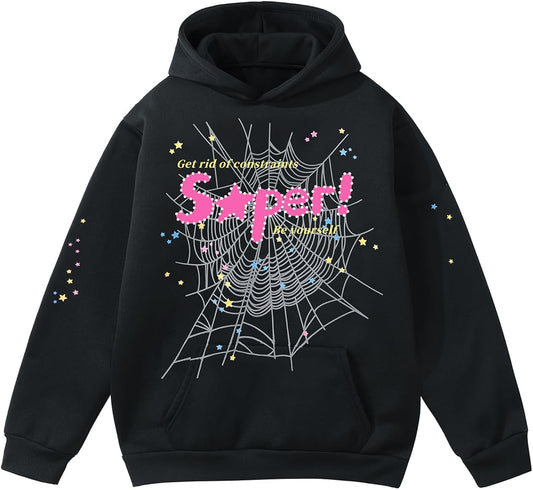 Y2K Spider Hoodie Cobweb Pattern Print Unisex Sweatshirt Men Women Graphic Outwear