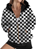 Women's Zip Front Plaid Sweatshirts Print Hoodie Fall Jackets Long Sleeve Casual Drawstring Clothes