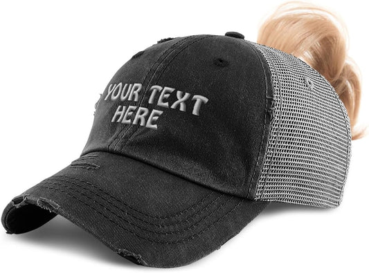 Womens Ponytail Cap Custom Hat Personalized Text & Name Distressed Moms Trucker Hats
