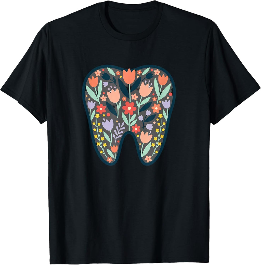 Floral Tooth Illustration Dentist Office Wall Art Nature Blo T-Shirt