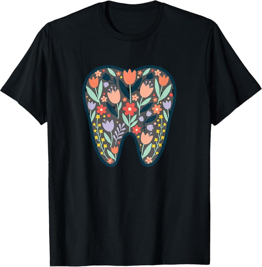 Floral Tooth Illustration Dentist Office Wall Art Nature Blo T-Shirt