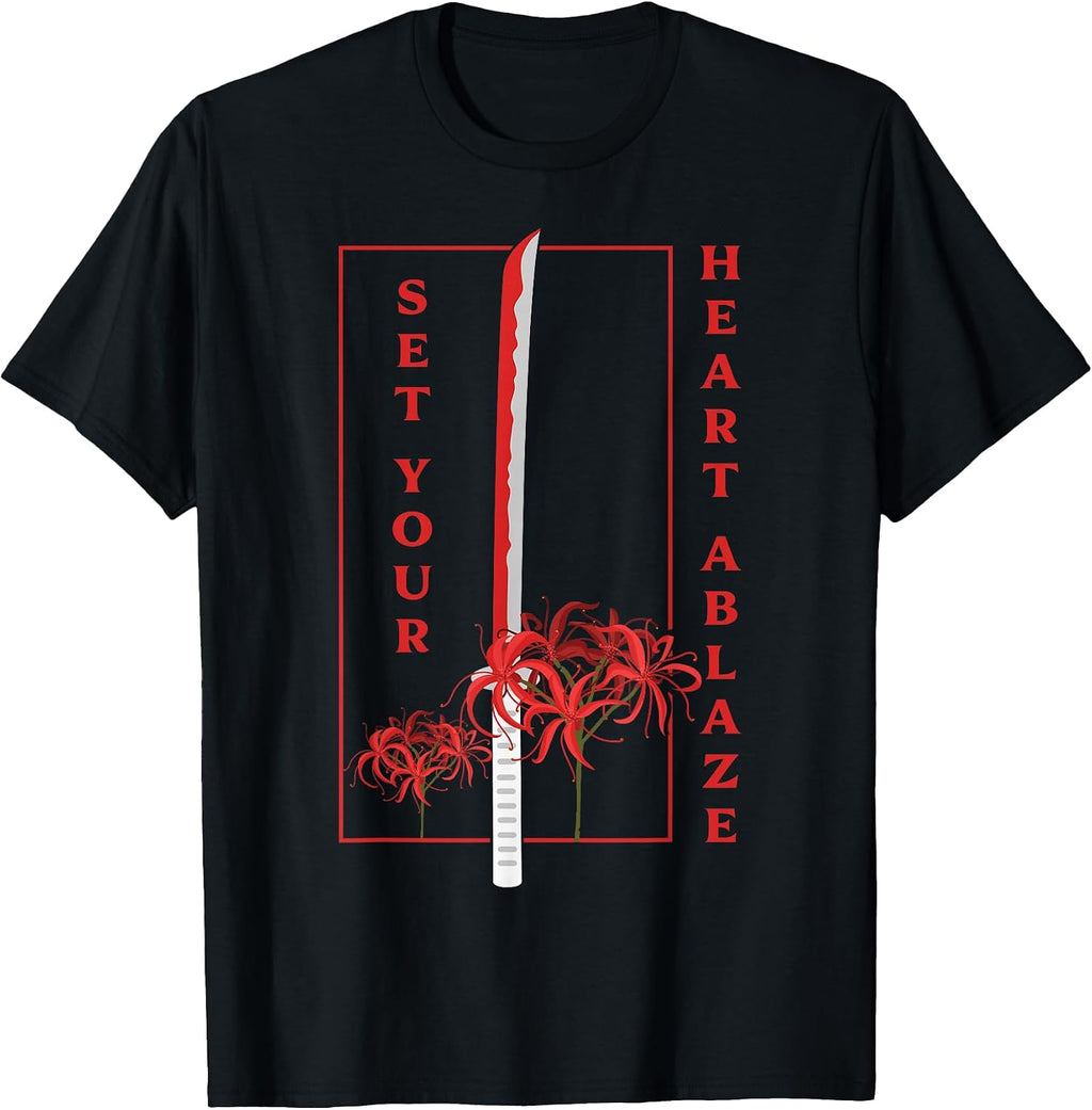 Katana Set Your Heart Ablaze Japanese Anime Aesthetic Flower T-Shirt