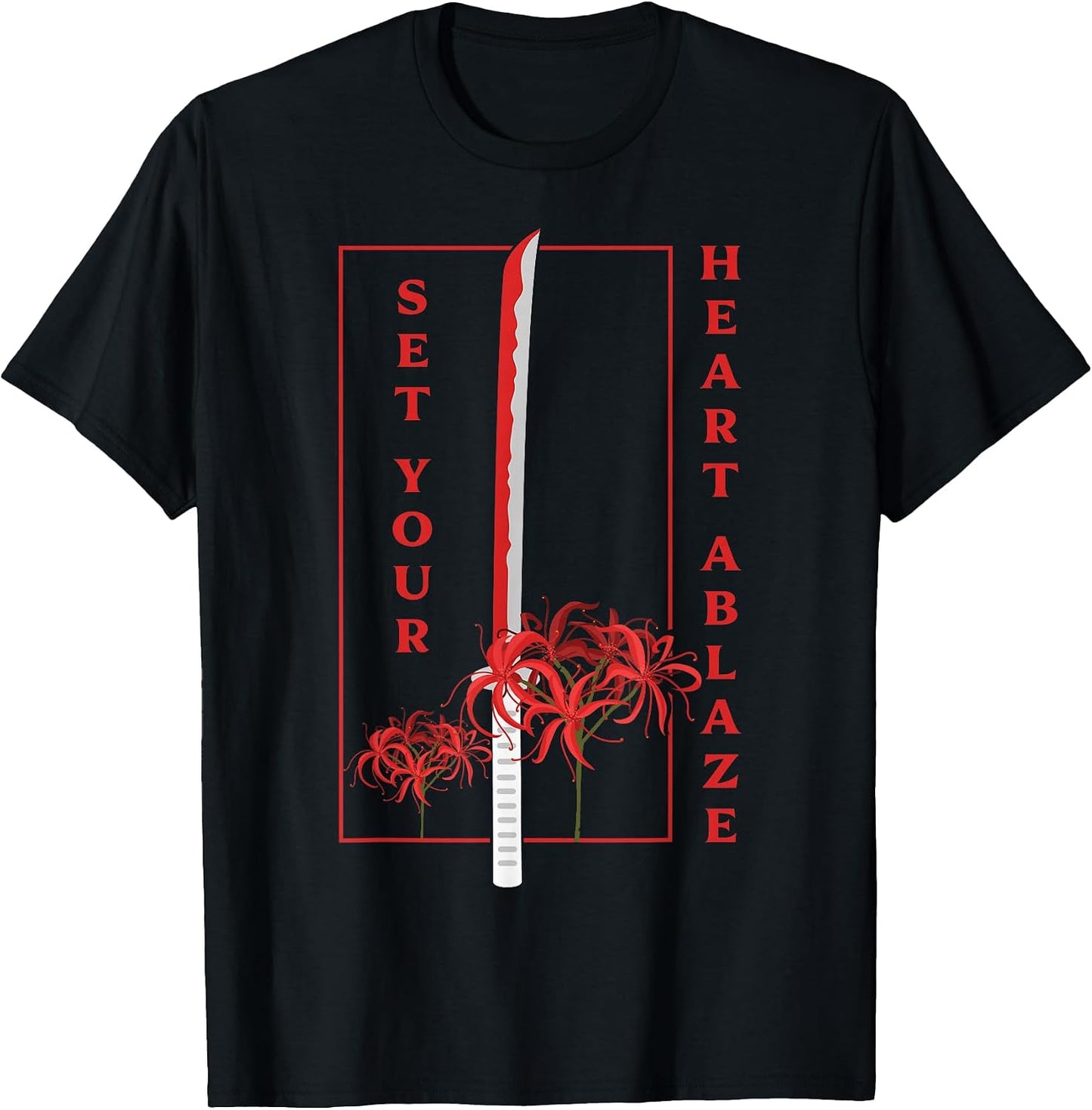 Katana Set Your Heart Ablaze Japanese Anime Aesthetic Flower T-Shirt