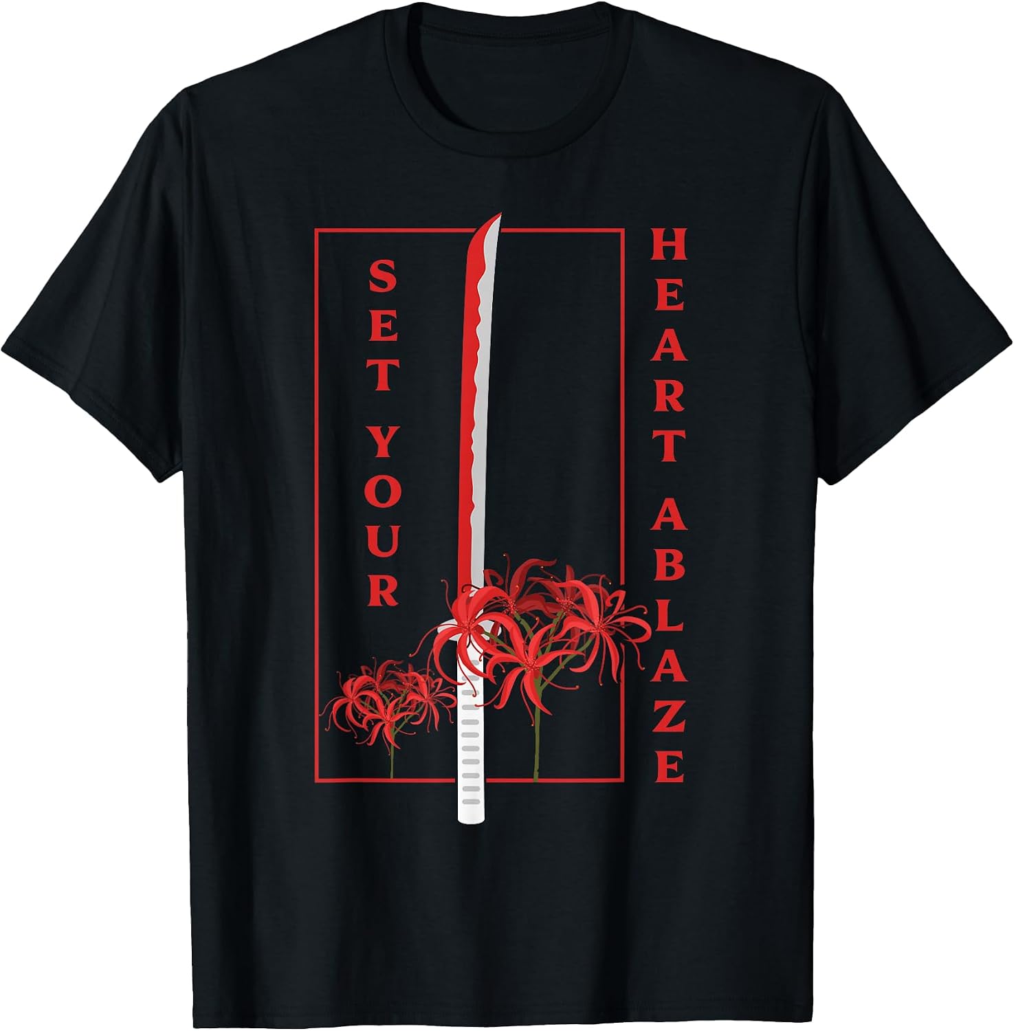 Katana Set Your Heart Ablaze Japanese Anime Aesthetic Flower T-Shirt