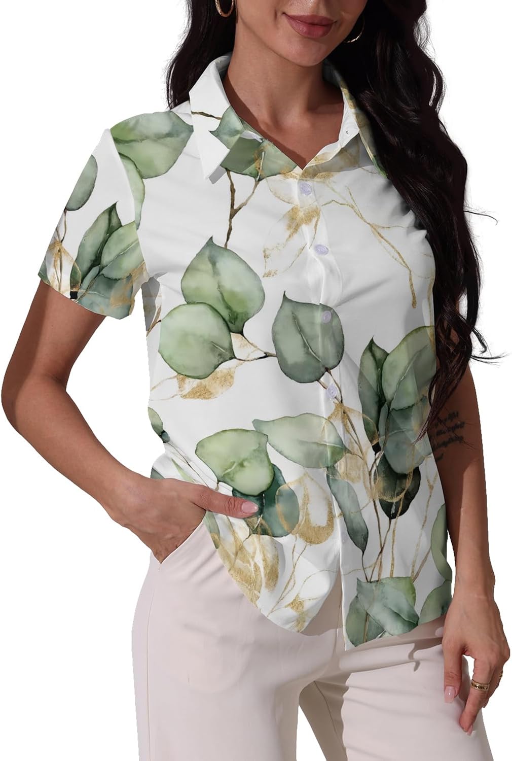 Hawaiian Shirts for Women Short Sleeve Tropical Floral Print Beach Shirts