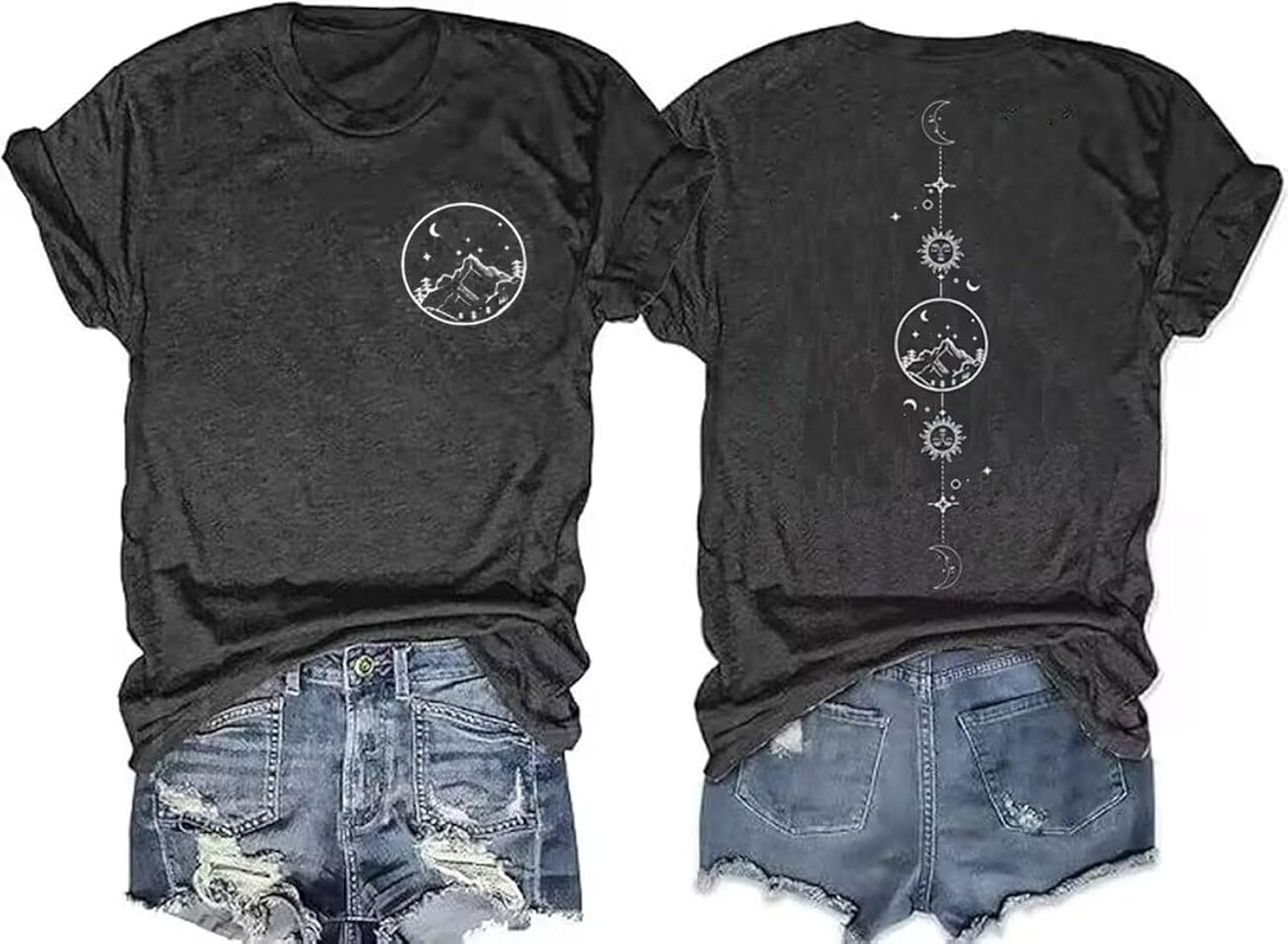 Moon and Sun Shirts Women Vintage Graphic Tshirt Mountain Hiking Short Sleeve Vacation T-Shirt Tops