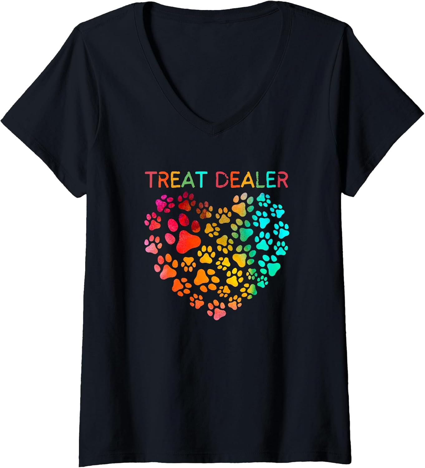 Womens Colorful Dog Paws Heart Funny Treat Dealer Dog Lover V-Neck T-Shirt