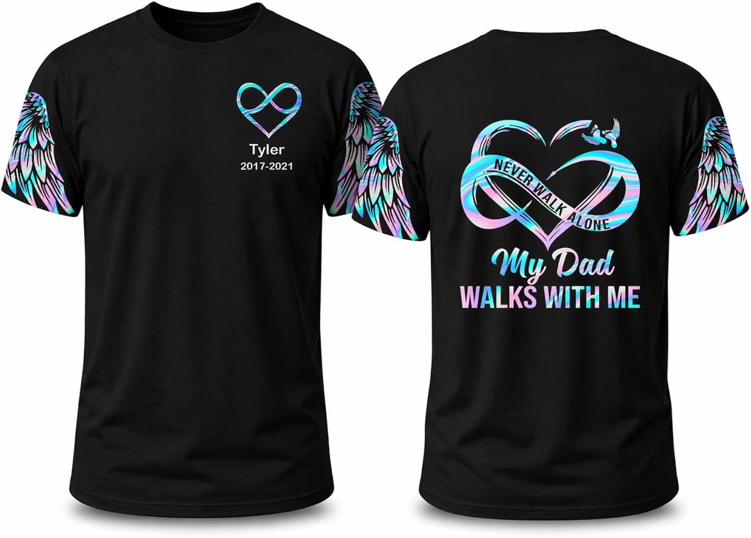 Never Walk Alone My Love Walks With Me Personalized All Over Print T-shirt with Name, Memorial Gift for Loss of Loved One, Custom Loving Memory Hoodie, Never Walk Alone Sweatshirt, Remembrance Apparel