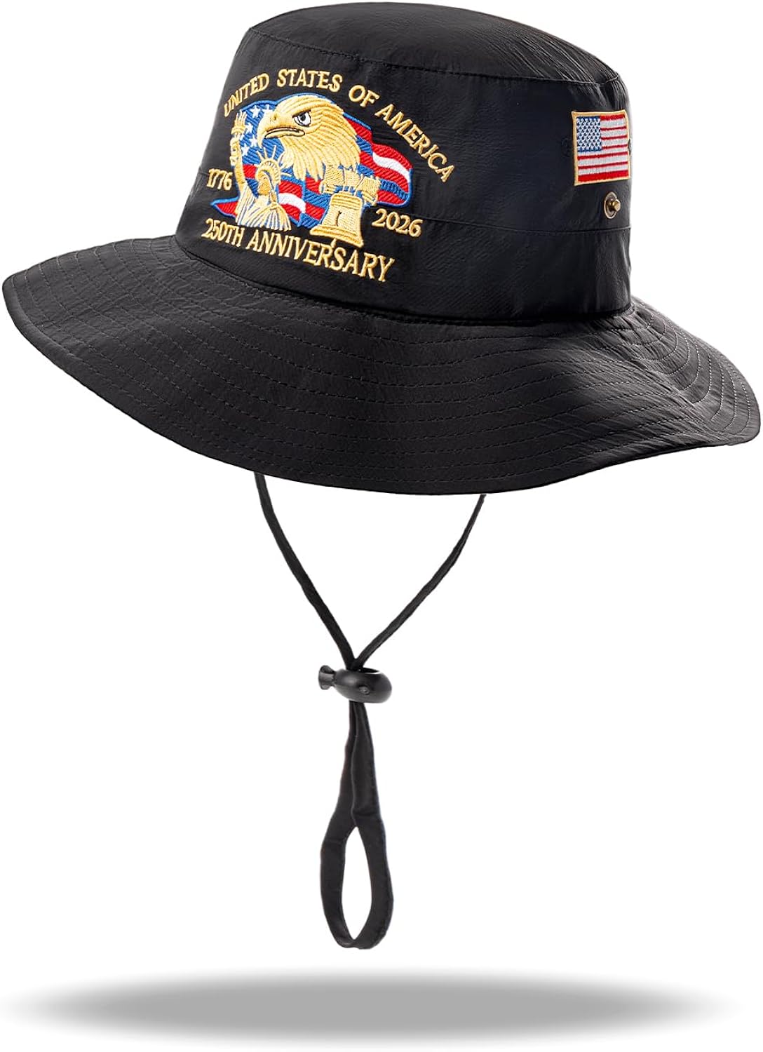 July 4th 250th Anniversary Embroidered Unisex Foldable Sun Hat — Waterproof Wide-Brimmed Sun Hat with Adjustable Chin Strap, the Ideal Gift for Beach, Fishing, Hiking and Outdoor Adventures Black
