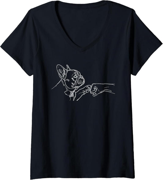 Womens French Bulldog Punch Hand Friendship Fist Bump Dog Lovers V-Neck T-Shirt
