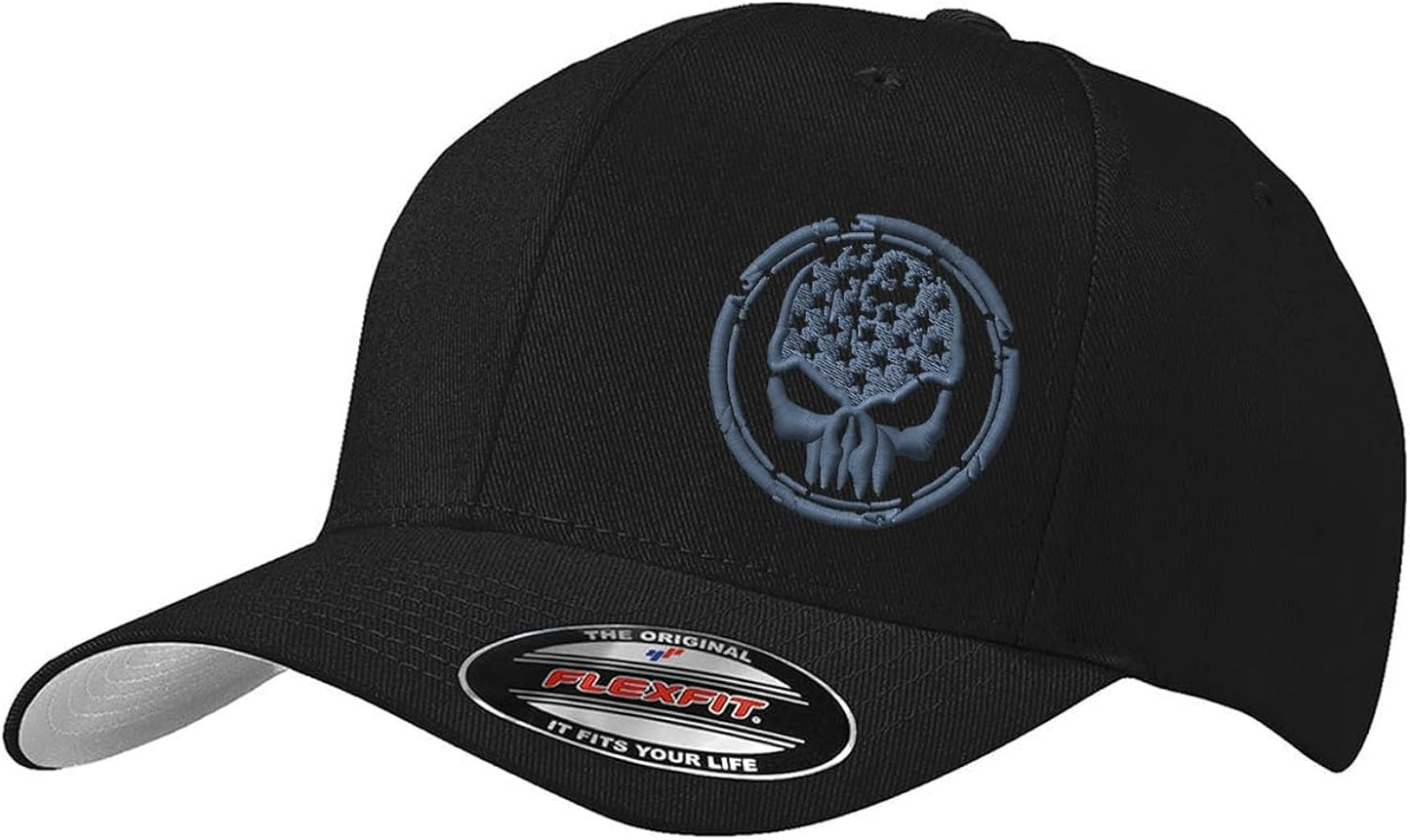 American Flag Distressed Skull Shield Logo Embroidered 6277 Flex Fitted Baseball Hat