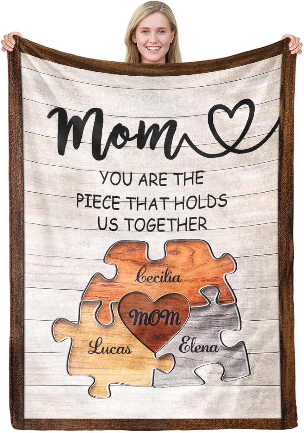 MeMoShe Personalized Mother's Day Blanket Gifts for Mom, Custom Blanket with 3 Names Customized Unique Puzzle Style Gifts from Daughter Son for New Mom, Wife, Grandma