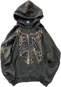 Gothic Hooded Sweater Retro Bone Print Hooded sweatshirt Y2K zip-up jacket Grunge Hooded Sweater Harajuku upper garment