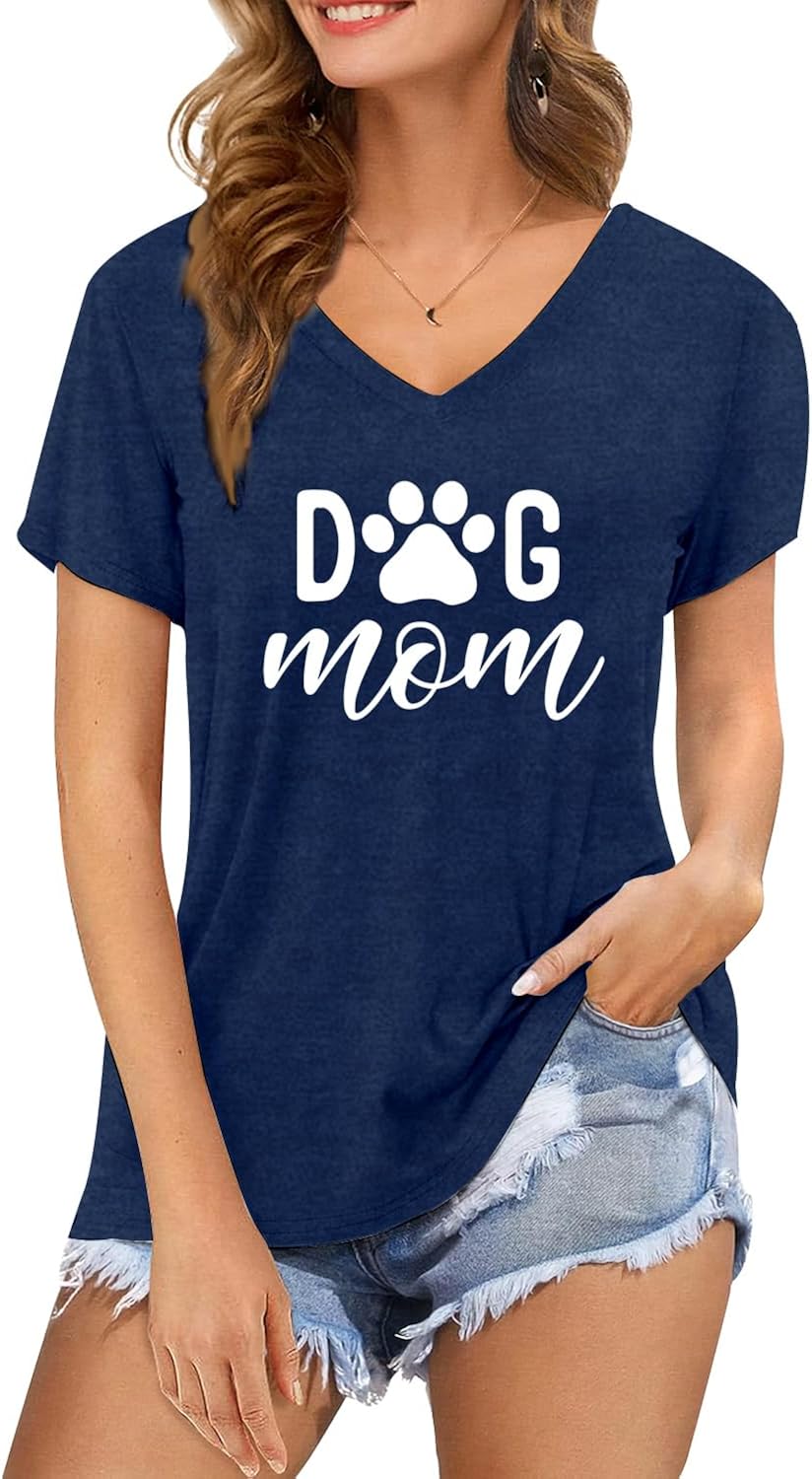 Dog Mom Shirts for Women Dog Paw Printed Mom T-Shirt V Neck Paw Lovers Tee Tops