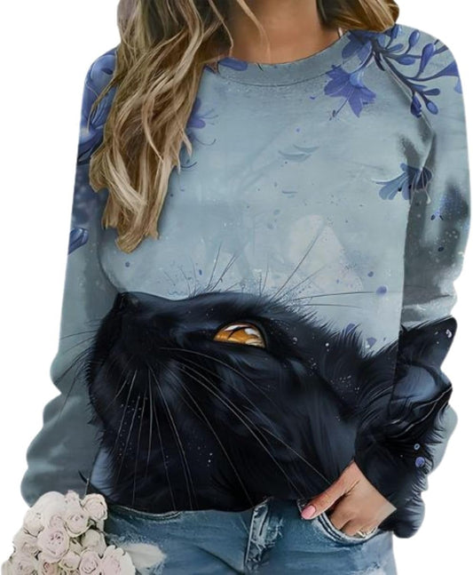 Womens Cat Art Print Sweatshirt Long Sleeve Crewneck Pullover Loose Fit Botanical Pattern for Cat Lovers