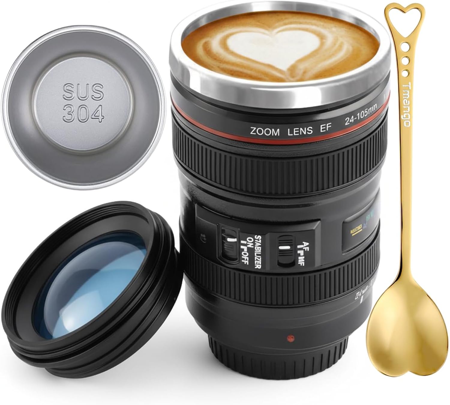 Camera Lens Coffee Mug with Clear Lid and Spoon – Lightweight Lens Cup Replica, Gift for Photographers
