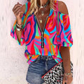 Women's Round Neck with Zipper Cold Shoulder T-Shirt Allover Colorful Print Casual Elegant Office Tee Tops Blouse