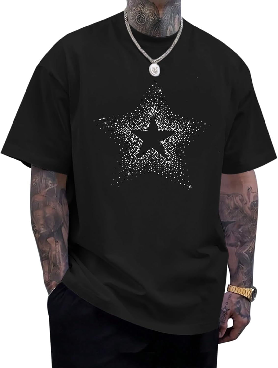 Men's Rhinestone Star Shirt Y2k Oversized Graphic Tee Streetwear Grunge Aesthetic T Shirts Casual Short Sleeve Top