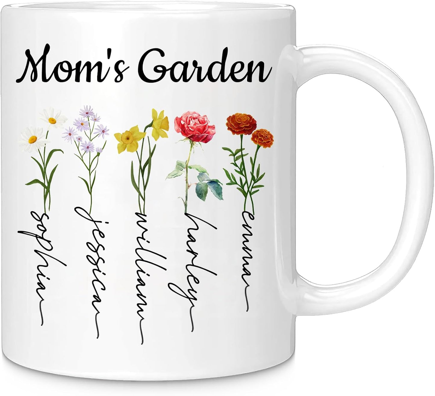 Elemtansy Mothers Day Custom Coffee Mug Gifts for Mom,11oz Personalized Ceramic Mama Mugs with Photo Text & Birth Flower, Customized Birthday Gift for New Moms (Mom-Flowers & Names)