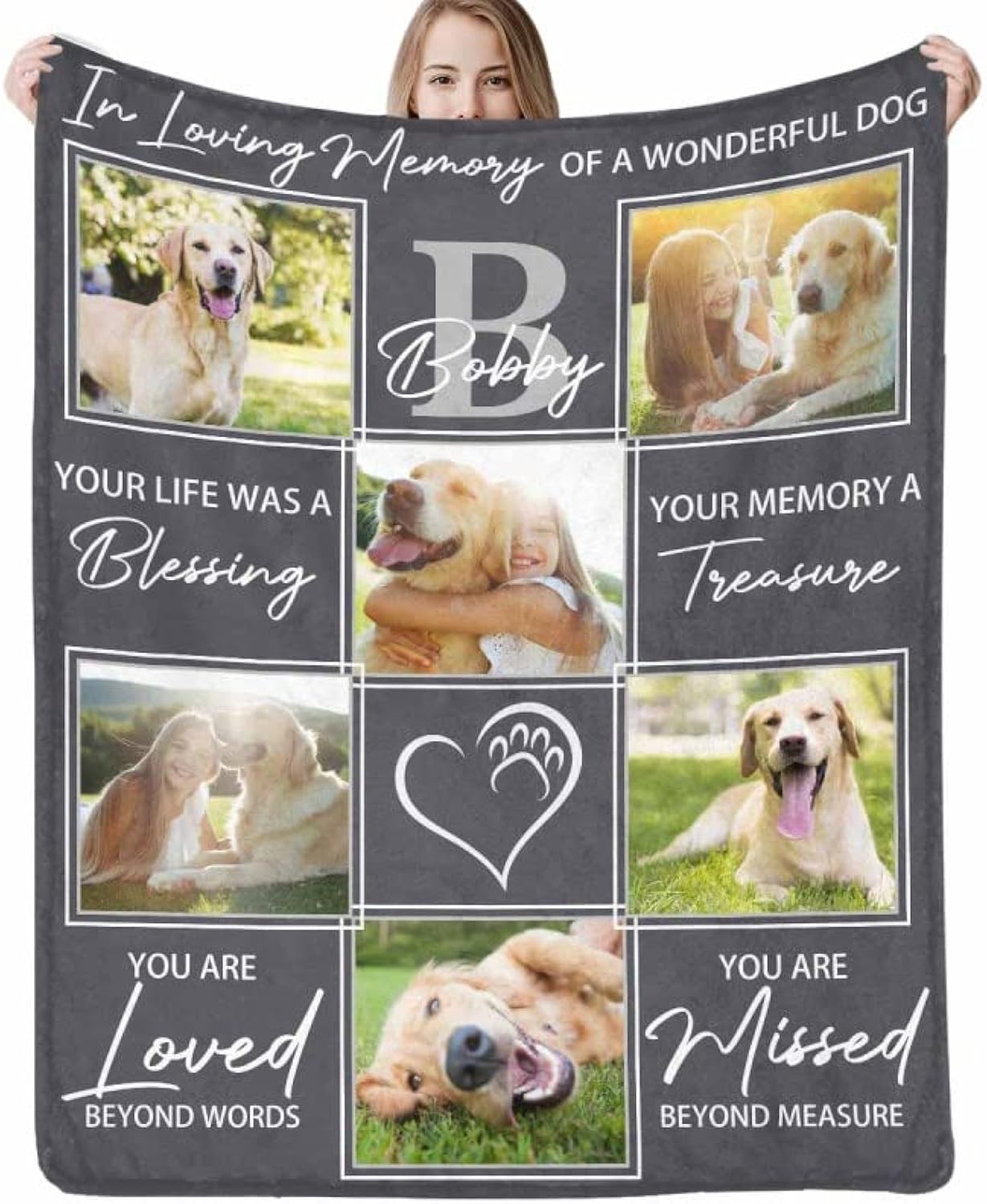 Custom Blanket with Dog Picture Name Personalized Text Blanket Photo Collage Memorial Gift Loss Dog Sympathy Remembrance Gift for Pet Lover Pet Memorial Gifts for Dogs