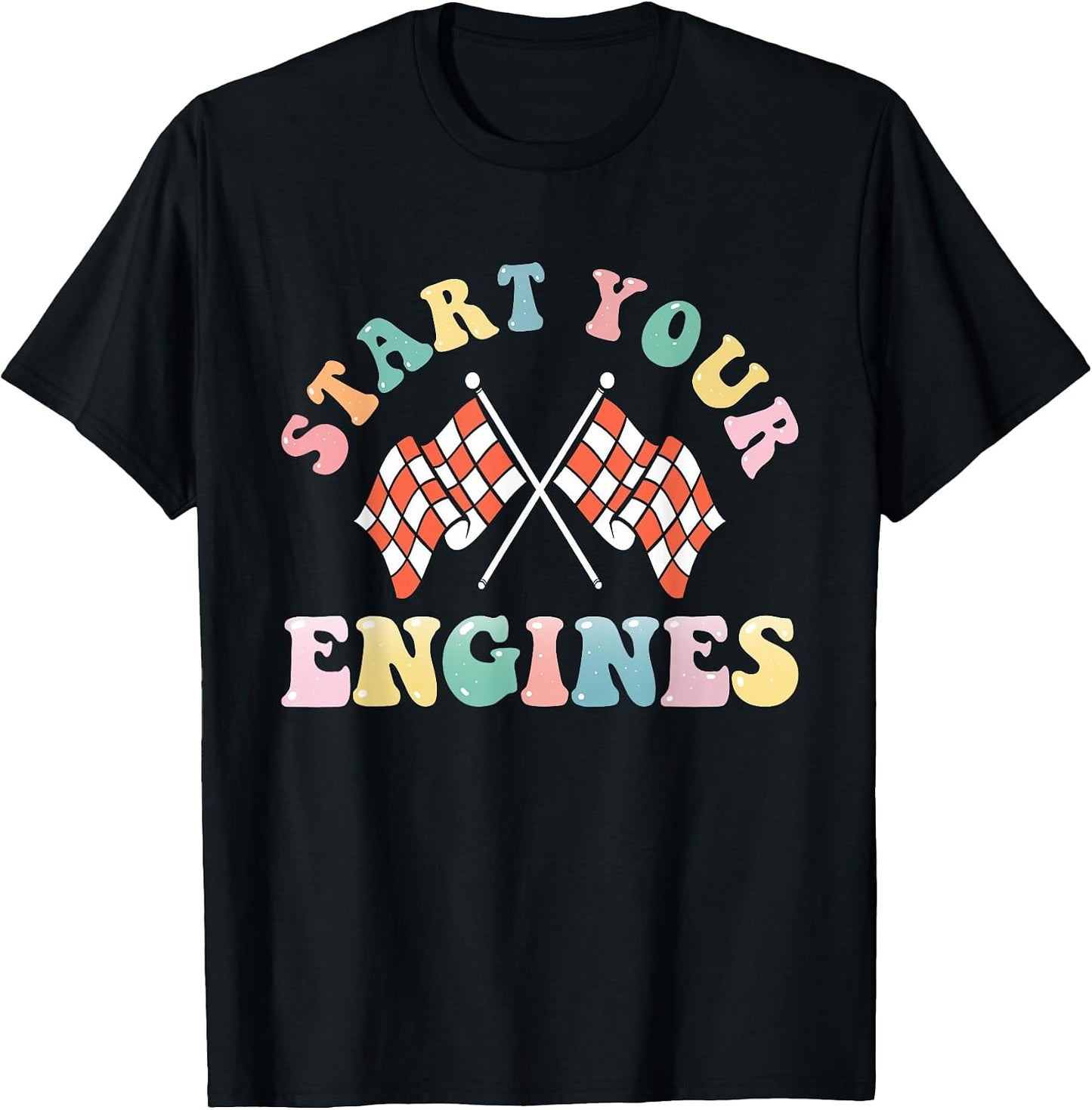 Start Your Engines Retro Groovy Checkered Flag Race Car Girl T-Shirt