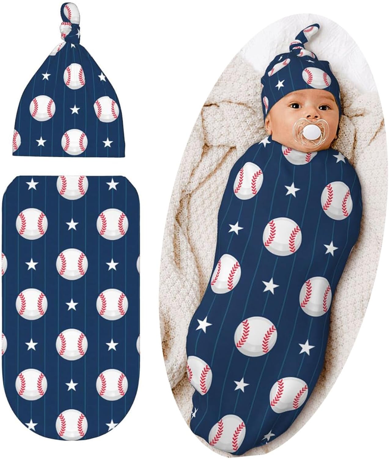 Cute Baseball Print Baby Stuff Swaddle Blanket Hat Set for Boys Girls, Soft Newborn Swaddle Wrap Blanket Shower Gift