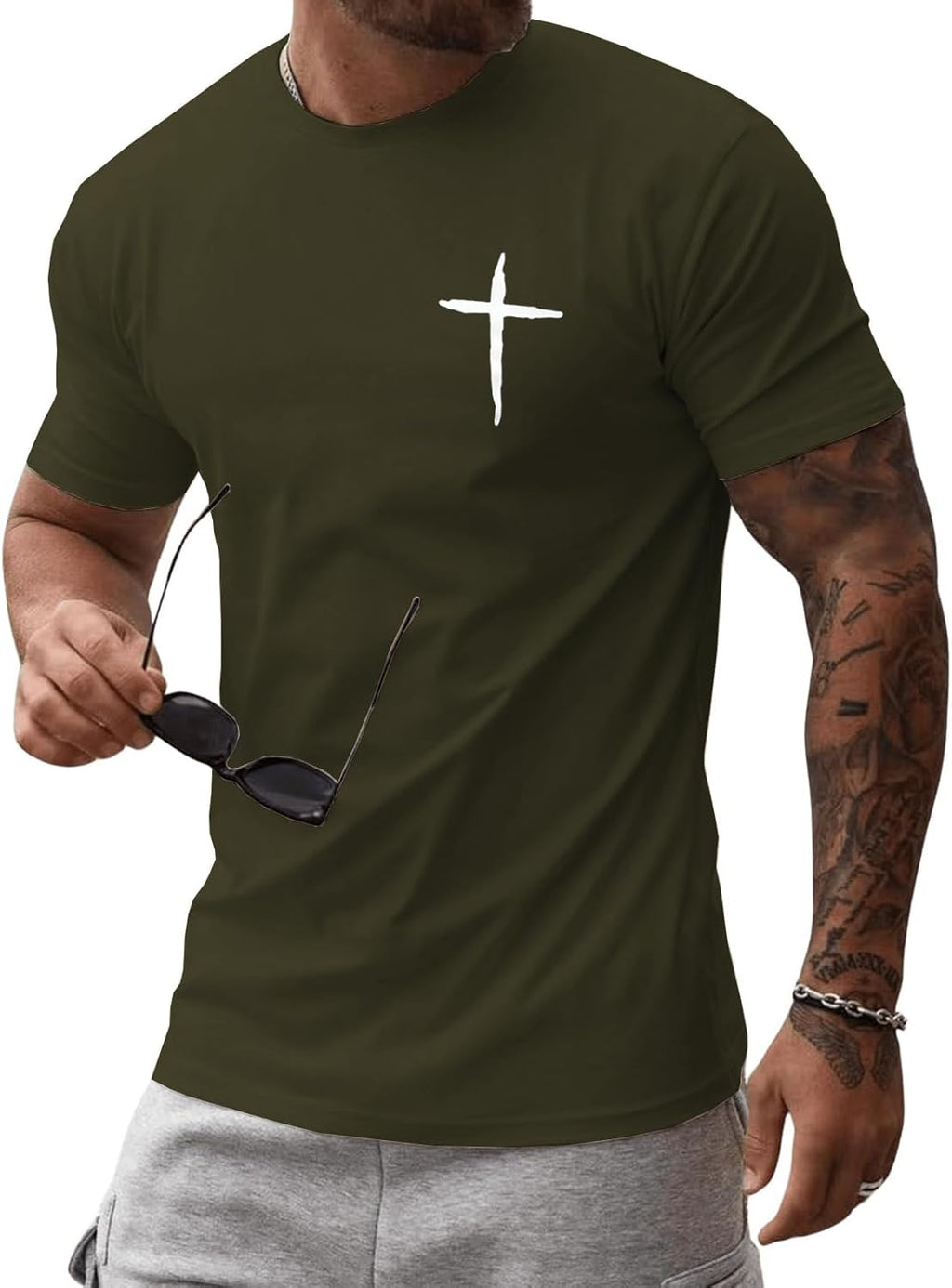 Mens Short Sleeve Cotton T-Shirts Crew Neck Jesus Cross Printed Shirts Faith Christ Shirts