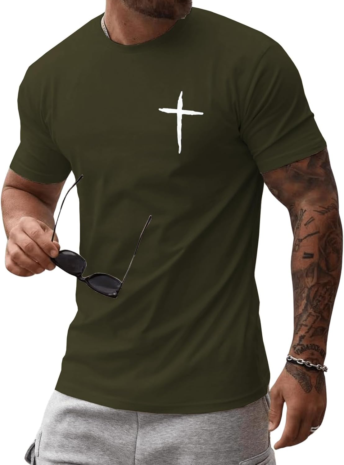Mens Short Sleeve Cotton T-Shirts Crew Neck Jesus Cross Printed Shirts Faith Christ Shirts