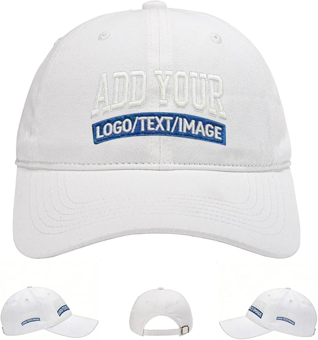 Custom Embroidered & Printed Hats for Men Women - Personalized Baseball Cap with Your Logo/Text, Vintage Dad Hat Style (White)