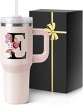 Initial 40 Oz Tumbler with Handle Lid Insulated Travel Cup Car Coffee Mug Birthday Personalized Gifts Women Adult Who Have Everything Want Mom Cool Special Custom Christmas Unique Present E