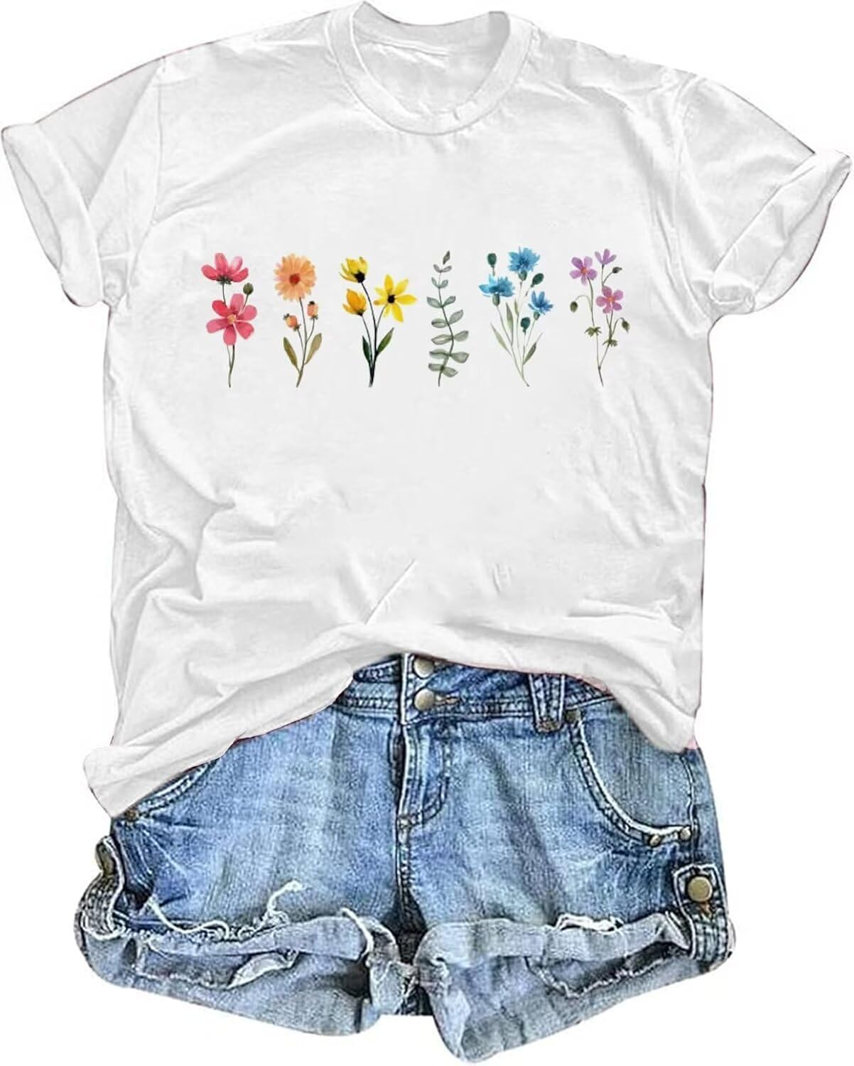 Vintage Flowers T Shirt Women Wildflower Graphic Tees Boho Floral Printed Top Short Sleeve Casual Summer Shirts
