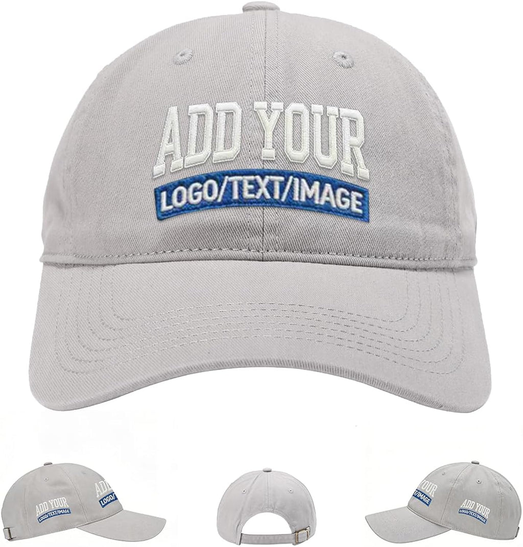 Custom Embroidered & Printed Hats for Men Women - Personalized Baseball Cap with Your Logo/Text, Vintage Dad Hat Style (Greyish-White)